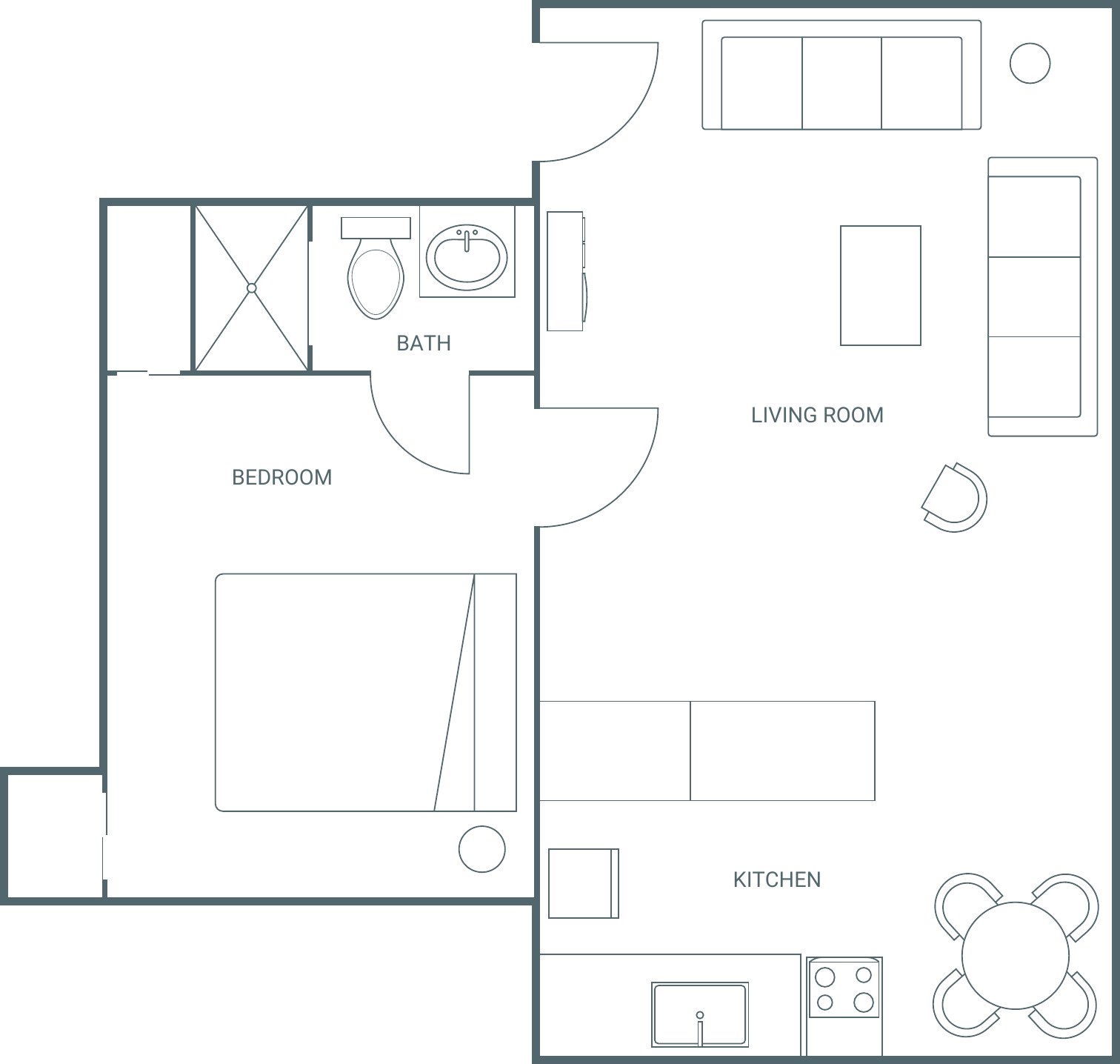 Floor plan of Apartment 1: bedroom and bath on the left, living room across the front, kitchen with a dining nook behind