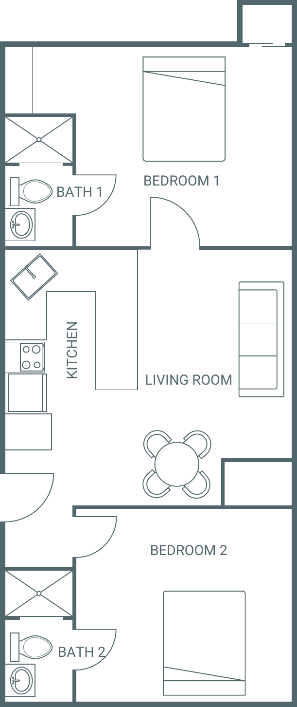 Floor plan of Apartment 2: two bedrooms at either end, each with its own bath, and a galley kitchen opening into the living room between them