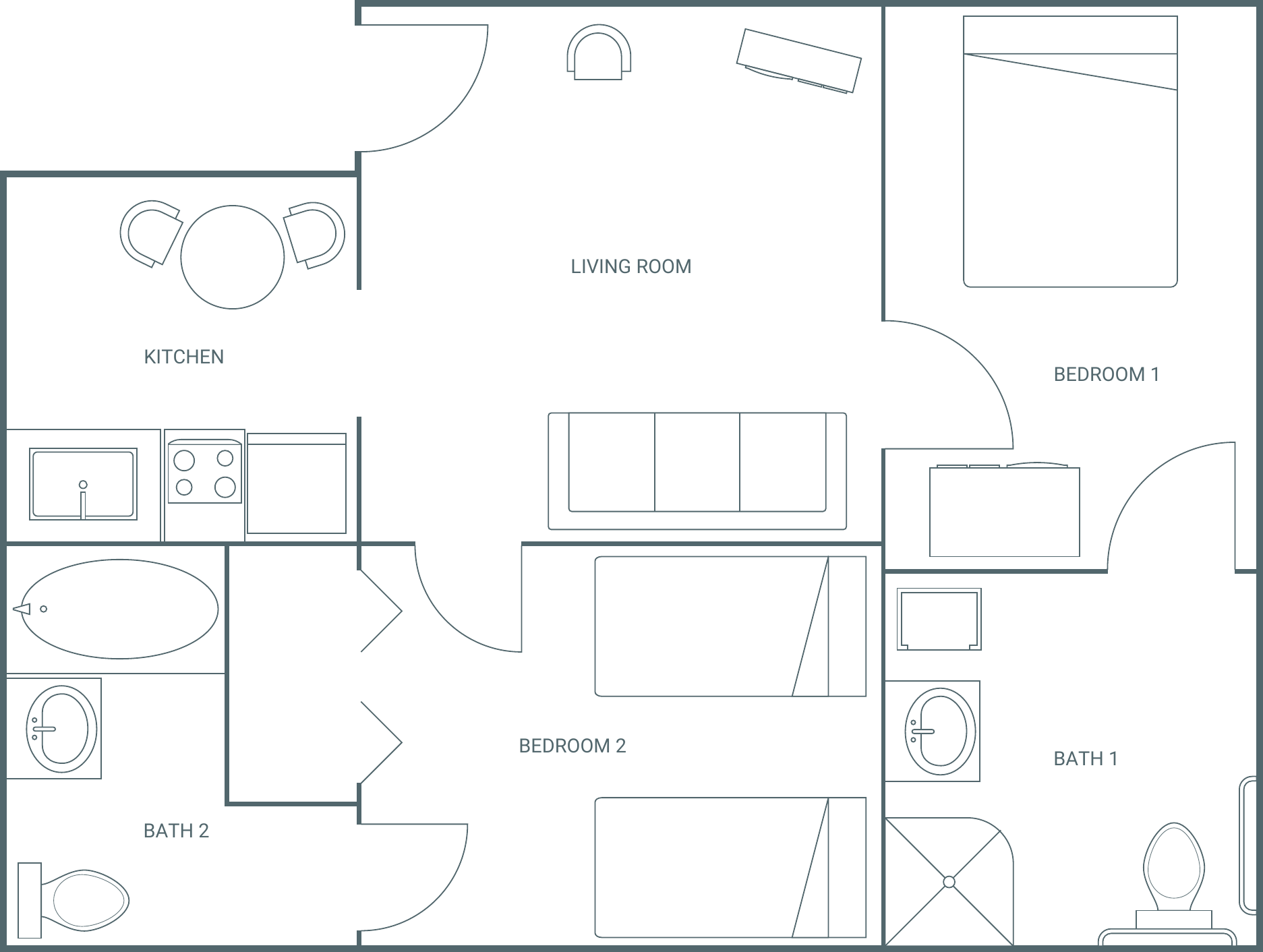 Floor plan of Apartment 3: kitchen and living room across the front, two bedrooms and two baths paired behind them