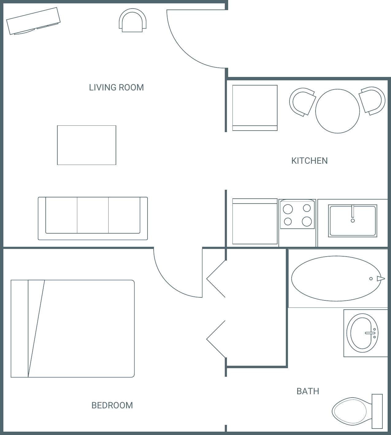 Floor plan of Apartment 4: living room and kitchen in front, bedroom and bath behind