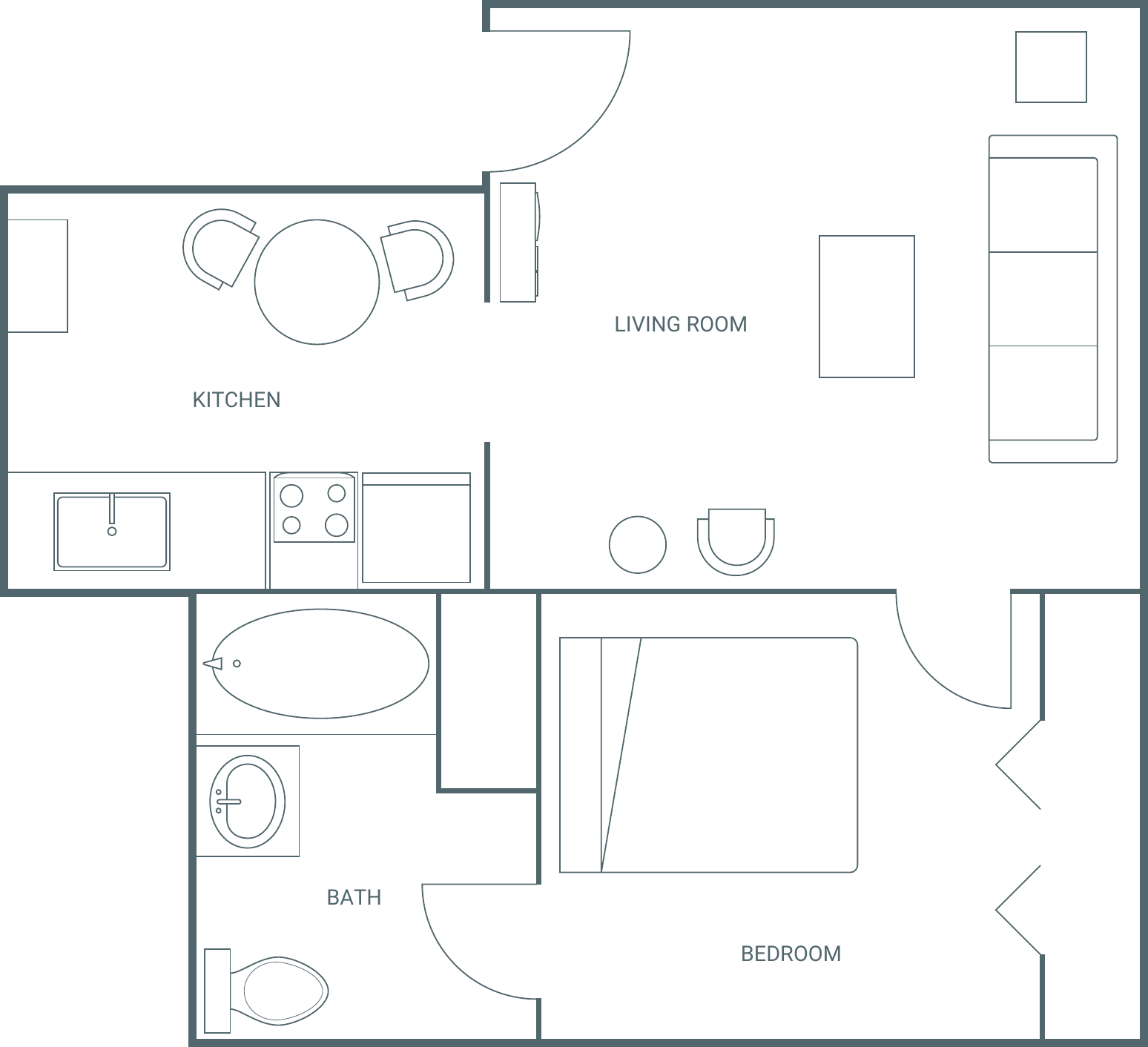 Floor plan of Apartment 5: kitchen and living room in front, bedroom and bath behind