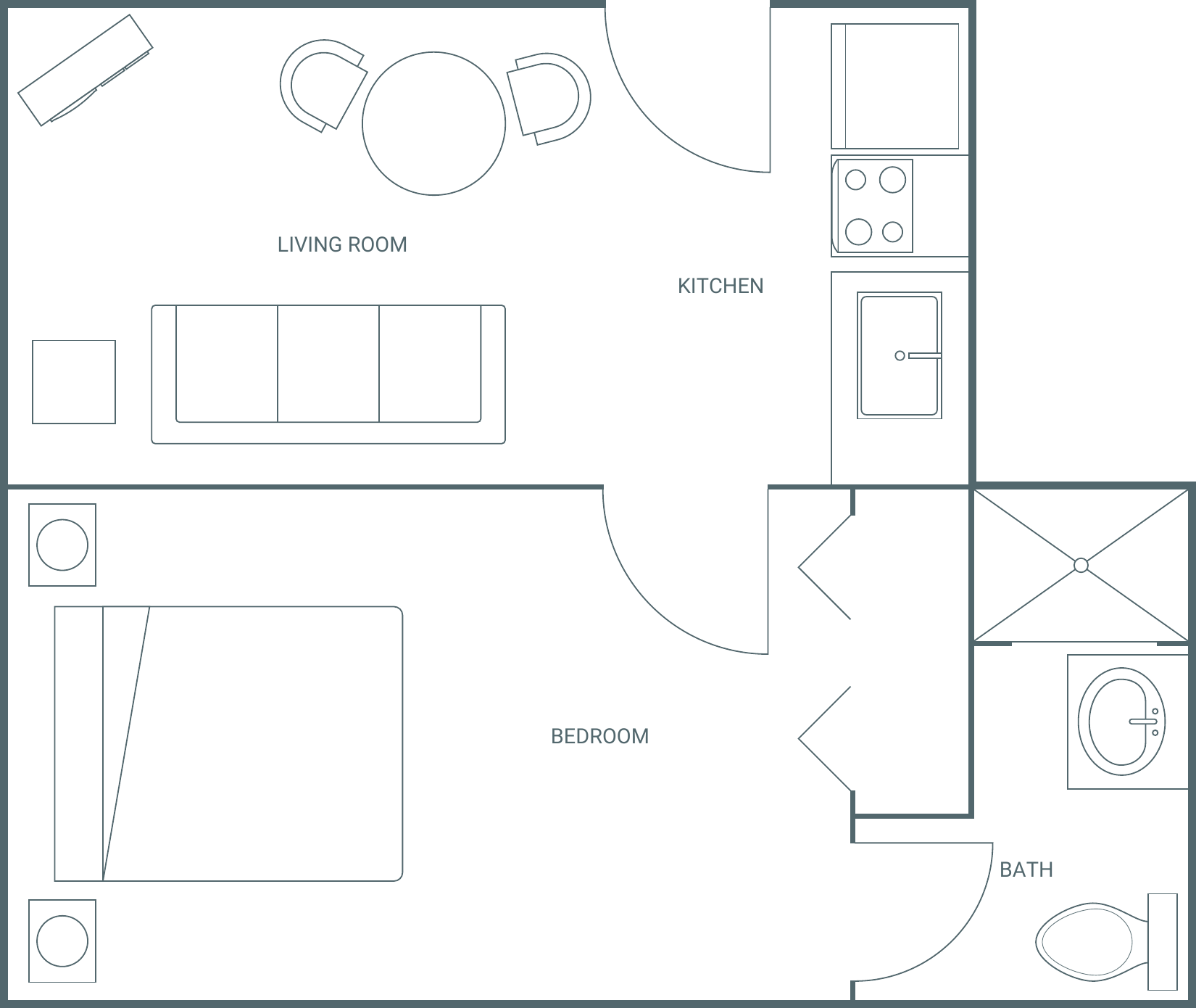 Floor plan of Apartment 6: living room and kitchen in front, bedroom and bath behind