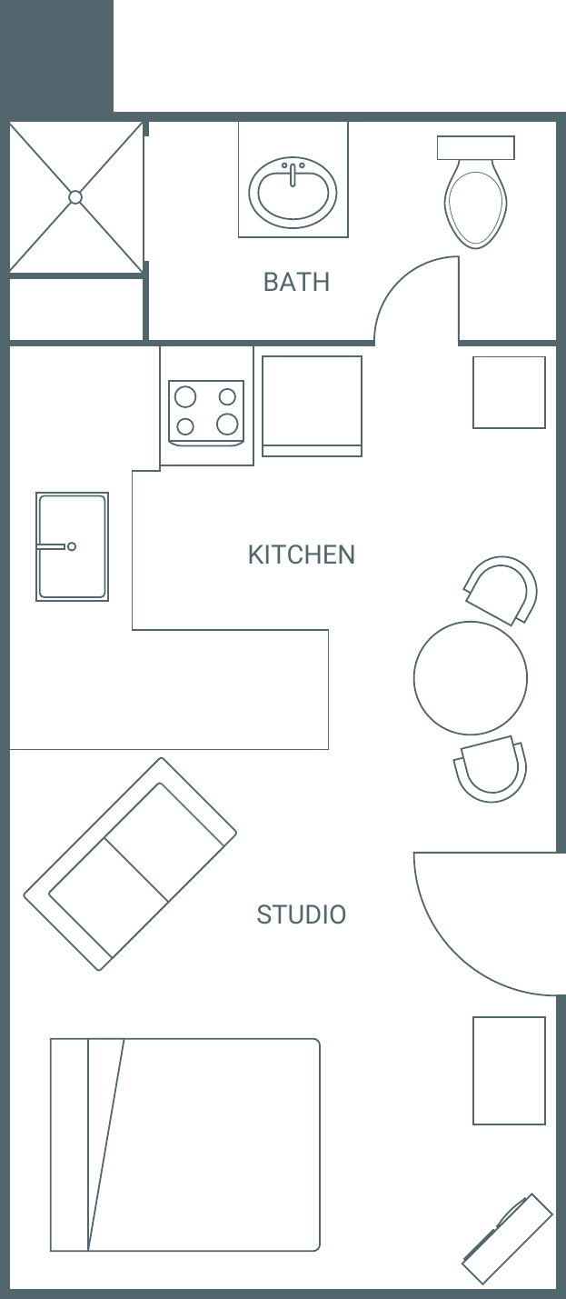 Floor plan of Cottage 7: a single studio room with the kitchen along one wall and the bath at the far end