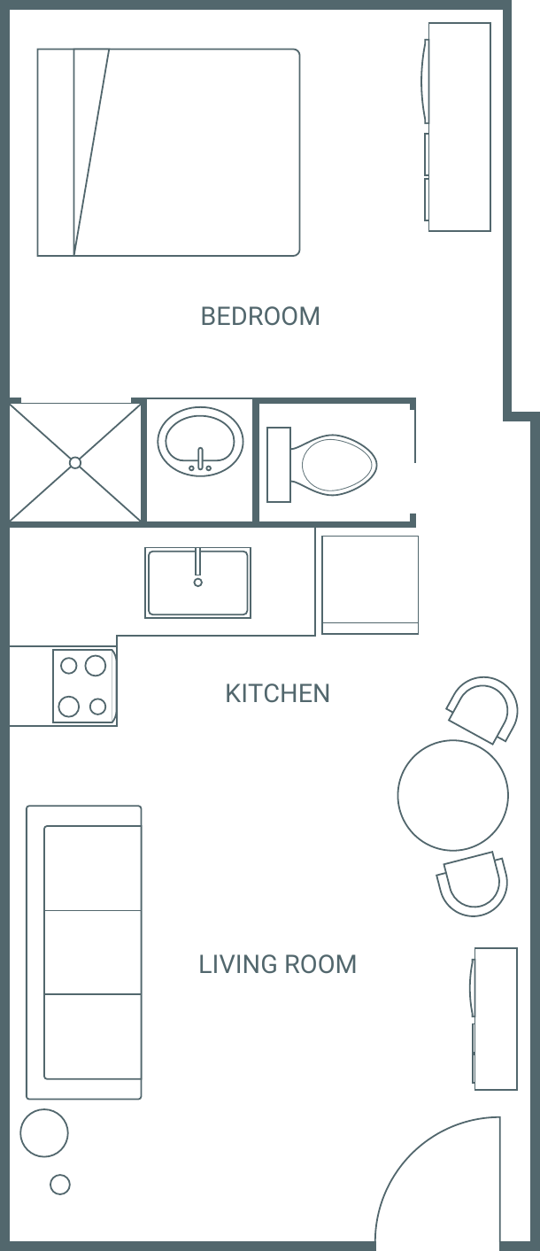 Floor plan of Cottage 8: bedroom at the back, bath and kitchen through the middle, living room at the front